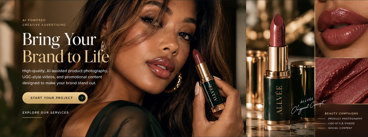 ALLVÉE luxury lipstick campaign featuring a model holding lipstick with product and lip close-ups